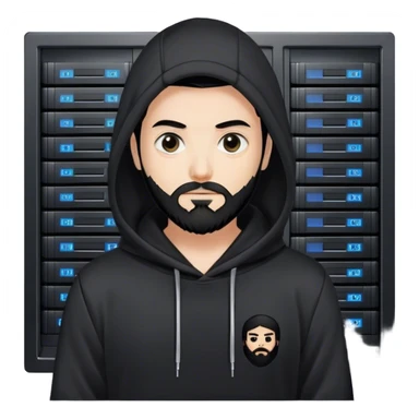 hackeur blanc cheveux noir barbe et capuche noir à côté d'un server ia sticker