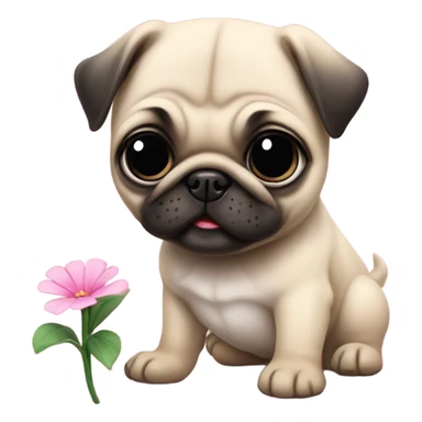Baby pug playing with a flower pink eyes  sticker