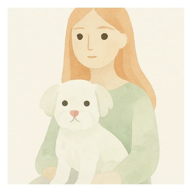 a white Maltese terrier with a pink nose on the lap of a girl with long strawberry blond hair and brown eyes, soft painterly style sticker