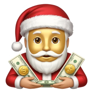A confident rich emoji face wearing a Santa hat, money stacks, casino vibe, New Year theme, premium 3D emoji style, sharp details, no t sticker