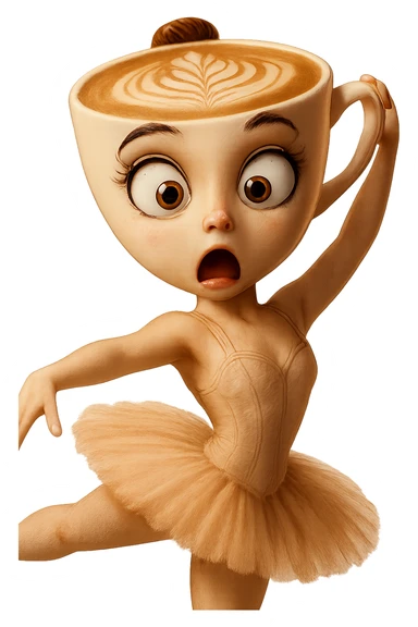 Edit the ballerina cappuccino character to have a surprised expression. Keep the transparent background. sticker