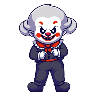 full-body demonic clown in black and white leisure suit with bellbottom pants, bald, black ram horns, flashy black and white belt, ruffled white shirt, no neck tie, large fangs, cartoon sticker style sticker