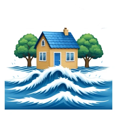 showing a flood disaster scene with powerful blue water waves overflowing around small houses and trees, dark cloudy sky, heavy rain falling, dramatic yet simple design sticker