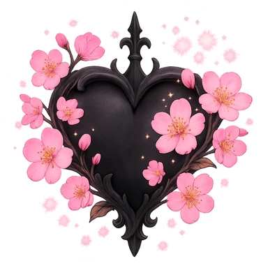 goth sakura heart, fantasy style, black heart with magical pink sakura, sparkles, whimsical and enchanting sticker