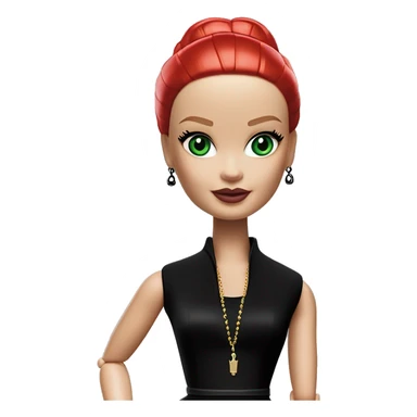  Wednesday Addams Barbie.  Small green eyes with light skin face. Earrings with matching necklaces Longer red hair. black flowing strapless tight evening gown neckline that’s off-the-shoulders shows her legs and black high heel shoes. sticker