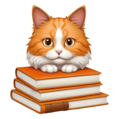cat with a stack of research books and a notepad sticker