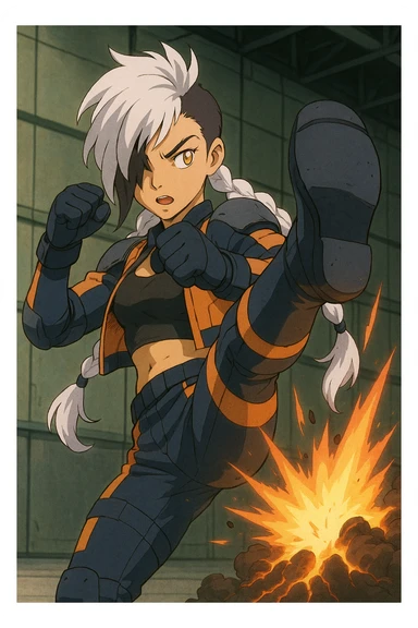 maiden, mohawk, long braid white hair with lavender and tips long messy bangs one side, gold yellow eyes, black crop top, with both fighting gloves up in defensive ready pose, delivering a lightning quick vertical upwards front kick with volcanic force, full defensive padding, TCTF operative, orange and dark dark blue + gray attire sticker