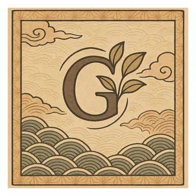 logo featuring the letter G with stylized leaves, elegant Japanese-inspired design, traditional ukiyo-e background with waves or clouds sticker