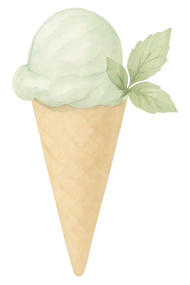 mint ice cream cone, soft cone, light green ice cream with brush strokes, delicate mint leaves, watercolor style sticker