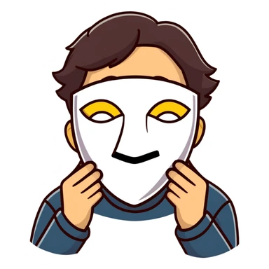 person holding a happy mask in front of their face, sad behind it sticker