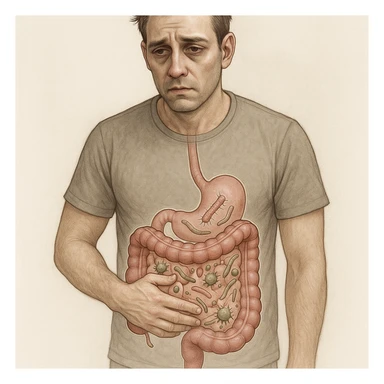 Realistic and medical illustrative style of a 35-year-old man with a distressed expression, hand on stomach, sunken eyes, dull skin. Transparent schematic intestine with parasites and bacteria in dysbiosis. sticker