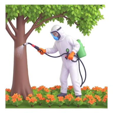 A gardener in protective suit and mask spraying a tree with a sprayer, performing chemical pest control. Bright green garden with trees, visible spray droplets, atmosphere of professional plant protection and garden care sticker