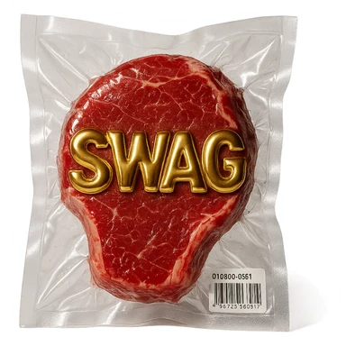 juicy steak with shiny gold 'SWAG' text across the surface, shiny and inflated vacuum-sealed style sticker