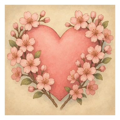pink heart with sakura flowers, ghibli style, soft and detailed sticker