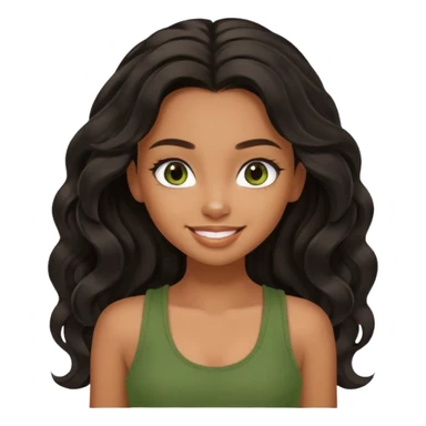 a pretty bratz brown girl with long wavy black color hair, brown eyes and green tank who is smiling sticker