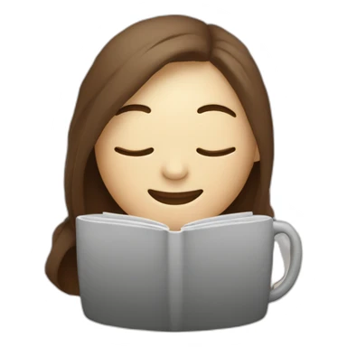 eyes closed smiling woman pale skin middle brown hair holding a laptop and a coffee mug, inside a blanket sticker