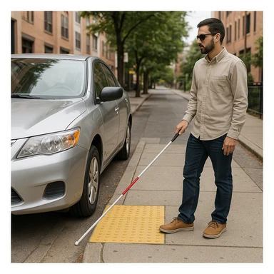 A blind pedestrian with a white cane encountering a car blocking the sidewalk, focusing on the barrier and the need for clear walkways. sticker