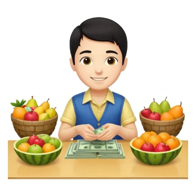 chico piel clara pelo negro con ropa de frutero sentado en una mesa contando mucho dinero sticker