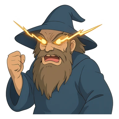 ghibli style angry wizard with lightning eyes and a balled up fist sticker
