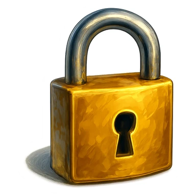 В cлегка рисованной, но при этом объемной и яркой стилистике сгенерируй картинку фотореалистичного золотого замка (замок который для ключей), прозрачный фон sticker