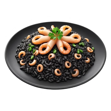 cinematic-realistic-black-risotto-dish-emoji,-showcasing-small squid pieces-rendered-with-bold-textures-and-dynamic,-dramatic-lighting. sticker