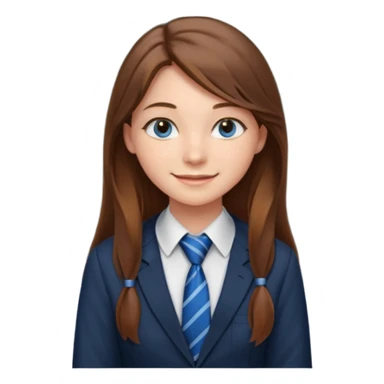 high school class room with a pretty female high school student with long brown hair, blue eyes, wearing a tie, sitting in front of the blackboard sticker