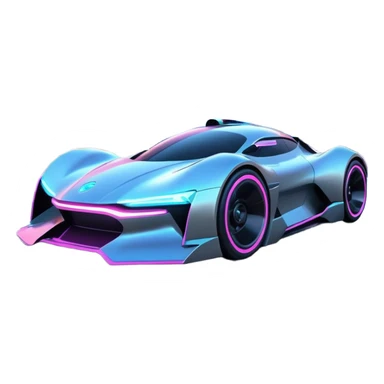 A futuristic racing car with glowing neon lights, sleek aerodynamic design, and a cyberpunk cityscape in the background. The car is speeding through a neon-lit street with high-tech buildings and holograms." sticker