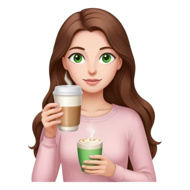 pretty woman with very long brown hair and green eyes and light pink outfit drinking a latte sticker