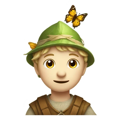 Medieval little whimsical little boy who is pale and he has a leaf hat and is riding a butterfly sticker
