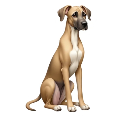 cinematic-[fawn great dane]-realistic-full-body-sitting-emoji,-tail-resting-loosely-beside-its-paws,-head-tilted-dramatically, ears drooped, -sleek-[fawn]-fur,-simplified-yet-realistic-focused-features,-highly-detailed,-glowing-with-an-almost-sarcastic-glow sticker