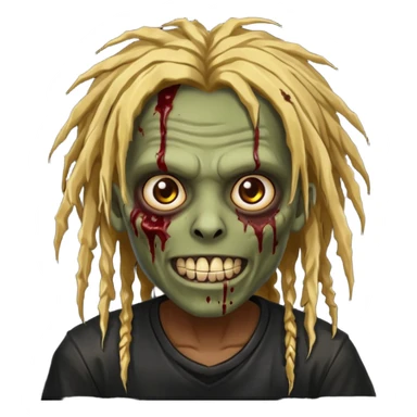 zombie with brown skin, messy gold dreads hair, wide centered brown eyes, dark bloody marks under the eyes, and a smile showing shiny metal teeth,black shirt, giving a distressed, undead look. sticker