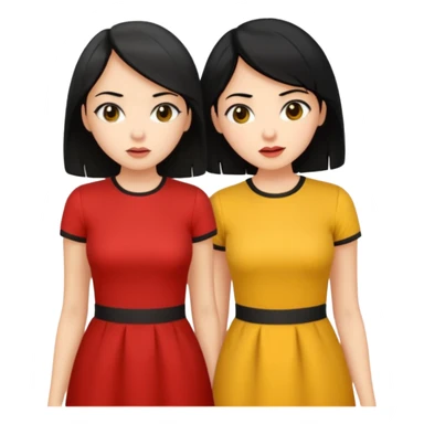 2 girls gossiping secretly. both are fair and have black hair. One has short hair and is tan, one has long hair and is fair. One is wearing yellow, one is wearing red sticker