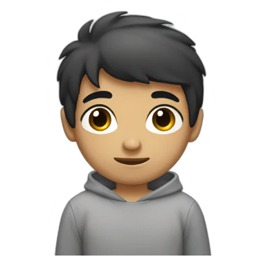 Boy with black hair, medium black eyes with a gray sweatshirt sticker