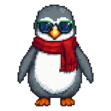 Add a red scarf to the penguin in pixel art style, with no background. Maintain the pixel art aesthetic and details. sticker
