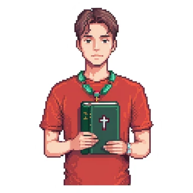 man with clean haircut, wearing a red shirt and cross necklace, holding a book sticker