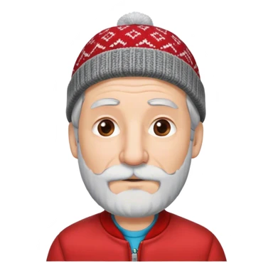 Older man with gray hair small beard and big nose with a patterned beanie on wearing red jacket sticker