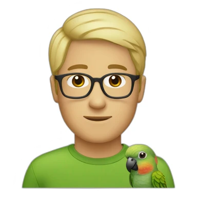 short-haired blonde man with glasses and a green cheeked conure on his shoulder sticker