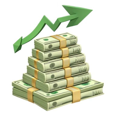 upward arrow next to a growing stack of cash money bills, financial growth sticker