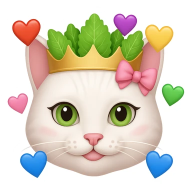 Add hearts around a white cat with a pink bow and a green lettuce crown in emoji style, no background. sticker