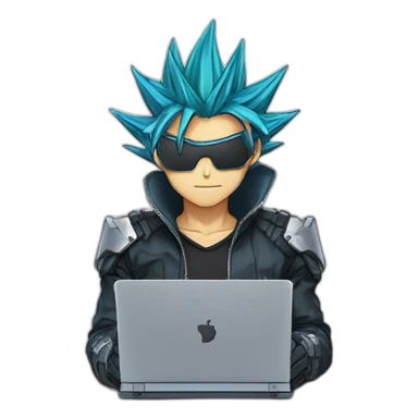 developer behind his laptop with this style : yu-gi-oh manga anime with nanosuit hacker themed character sticker