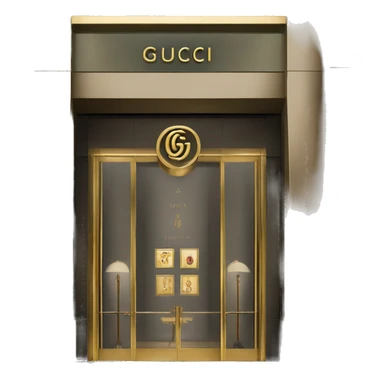 “Gucci store exterior with gold logo above entrance, large glass windows displaying luxury fashion, and elegant double doors.” sticker