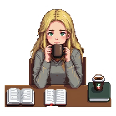 blonde straight-haired girl in survival mode, slouched at desk with coffee and textbooks, exhausted expression, last month of school sticker