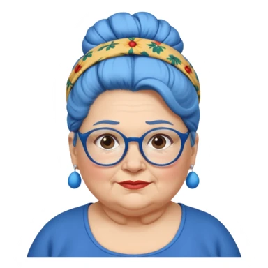 fat old woman with blue big bun hair and glassess and headband, no earrings sticker