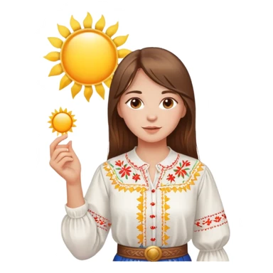 Young Ukrainian girl with brown hair wearing a white embroidered traditional shirt holding a bright sun in her hand sticker
