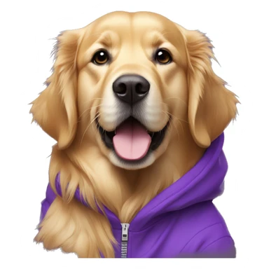 golden retriever in purple hoodie. Write Suman on hoodie in white letters sticker