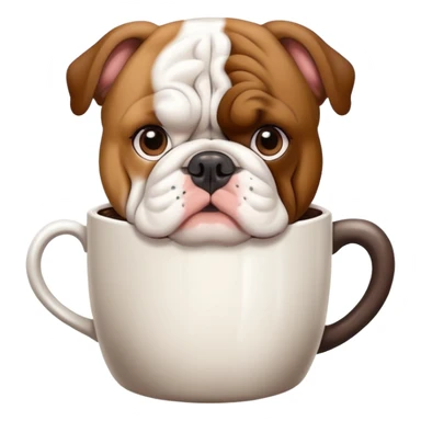English bulldog looking at a coffee cup sticker