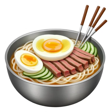Korean cold noodles (naengmyeon) in a metal bowl, with thin noodles, sliced beef broth, and a half boiled egg on top, julienne cucumber, iPhone emoji style sticker