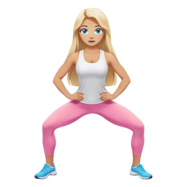 A cinematically realistic blonde with long hair and blue eyes, dressed in a white top and pink leggings, does a sports exercise called lunges sticker