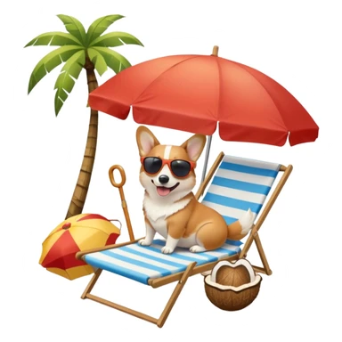 a corgi dog laied on a beach chair, a sunny beach, a sun umbrella, and beach coconut trees. the icon should capture the essence of a relaxing beach vacation with a carefree atmosphere sticker