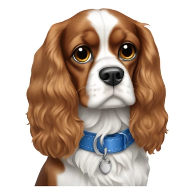 king cavalier Charles dog in a blue collar with fhe own spots on his white nose  sticker